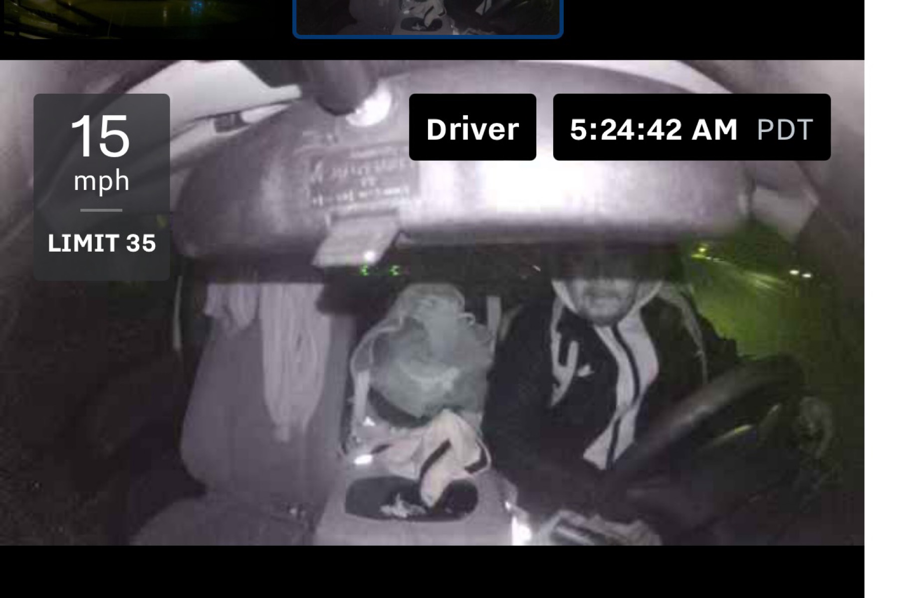 The car thief, driving 15 in a 35, with the construction beacons (lights) flashing.